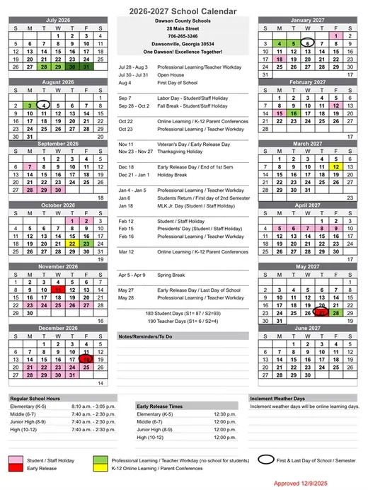 Dawson County Schools 2026–2027 Academic Calendar Page 2