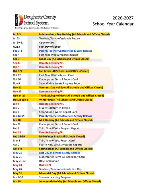 Dougherty County School System 2026–2027 Academic Calendar