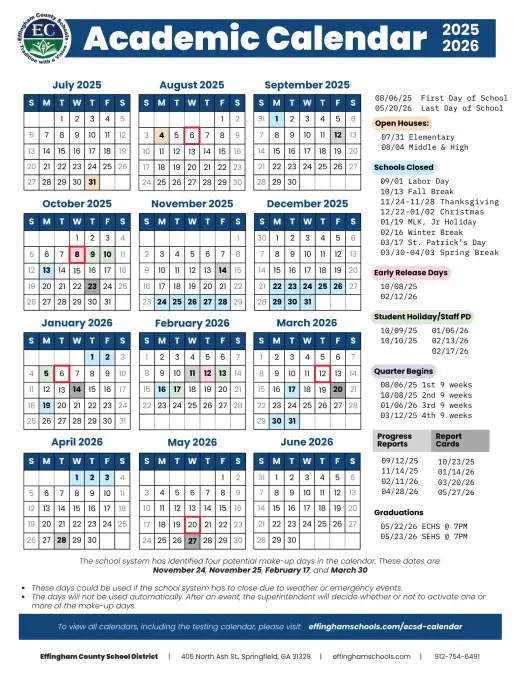 Effingham County School District 2025–2026 Academic Calendar Page 1