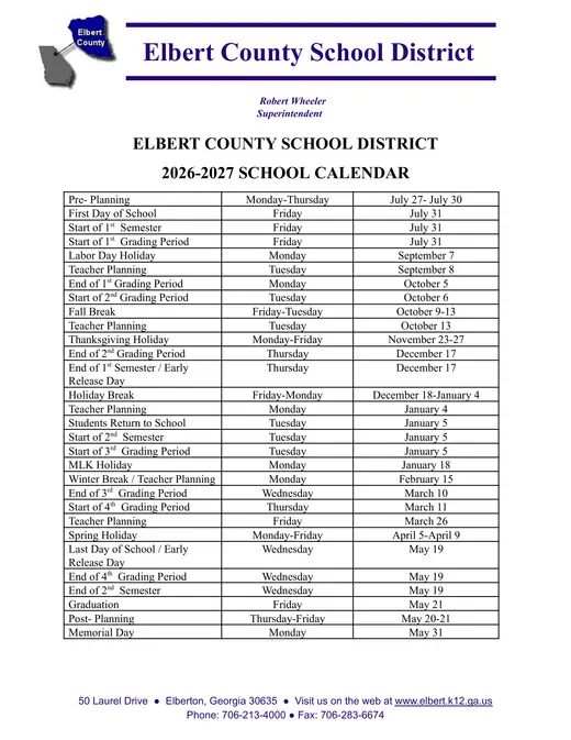 Elbert County School District 2026–2027 Academic Calendar