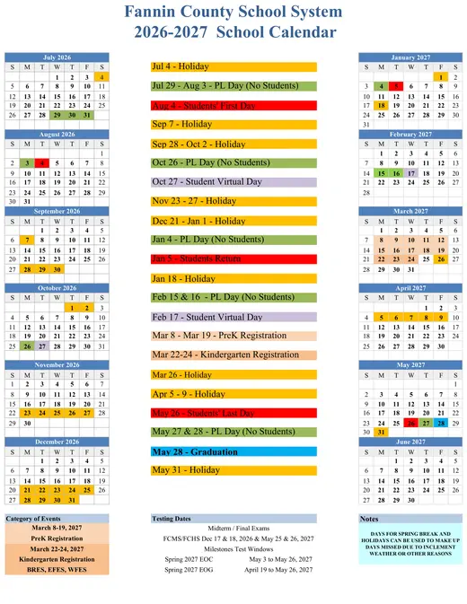 Fannin County School System 2026–2027 Academic Calendar