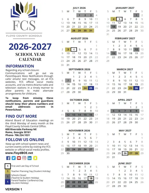Floyd County Schools 2026–2027 Academic Calendar Page 2