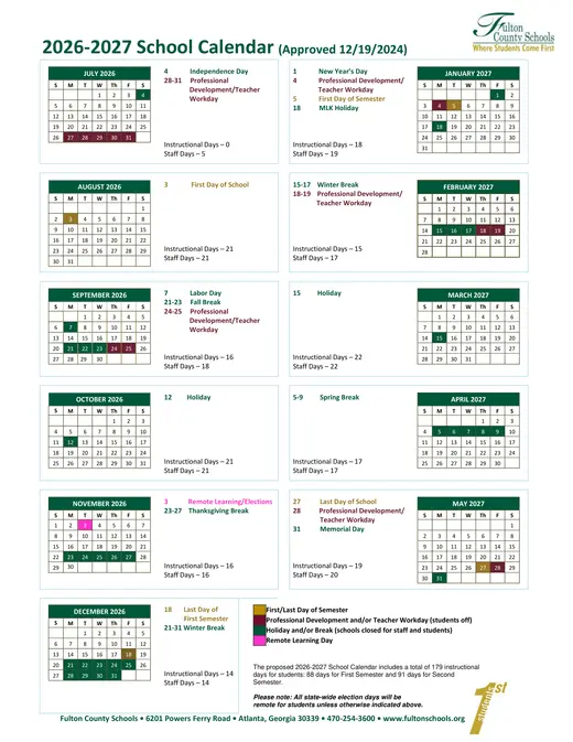 Fulton County Schools 2026–2027 Academic Calendar