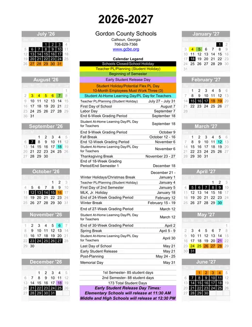 Gordon County Schools 2026–2027 Academic Calendar