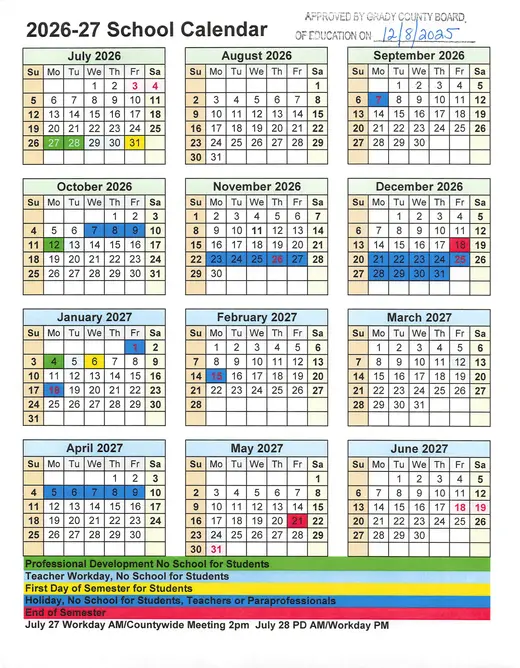 Grady County Schools 2026–2027 Academic Calendar