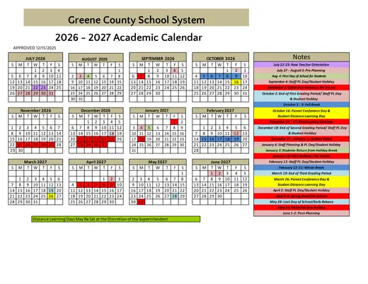 Greene County School System 2026–2027 Academic Calendar