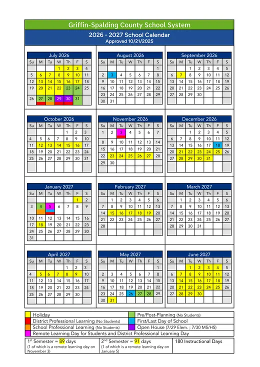 Griffin-Spalding County School System 2026–2027 Academic Calendar