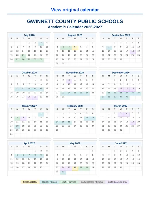 Gwinnett County Public Schools 2026–2027 Academic Calendar Page 1