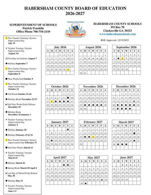 Habersham County Board of Education 2026–2027 Academic Calendar