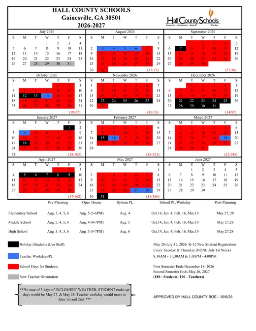 Hall County Schools 2026–2027 Academic Calendar
