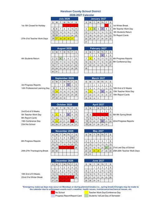 Haralson County School District 2026–2027 Academic Calendar