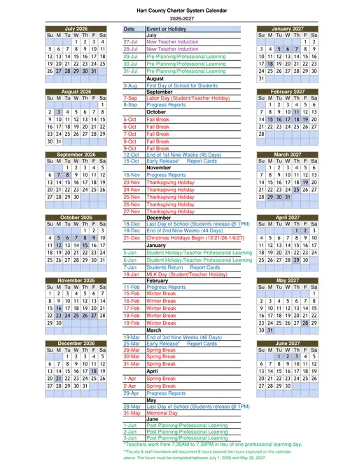 Hart County Charter System 2026–2027 Academic Calendar