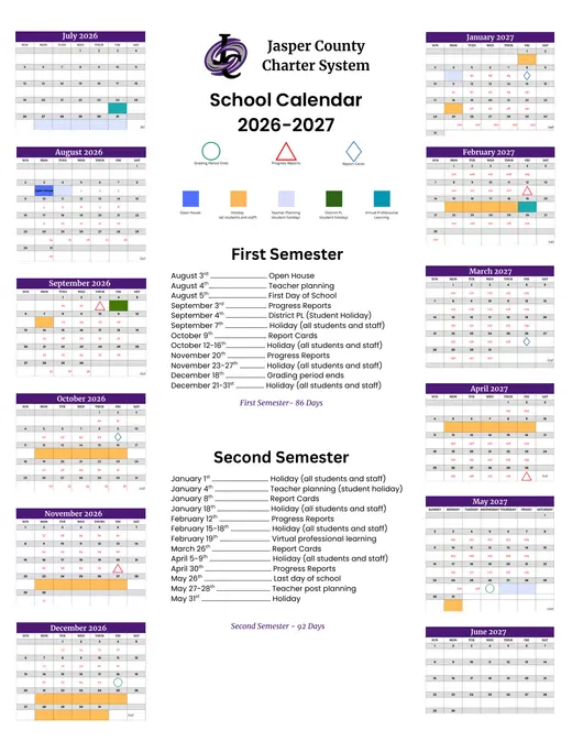 Jasper County Charter System 2026–2027 Academic Calendar