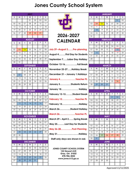 Jones County School System 2026–2027 Academic Calendar