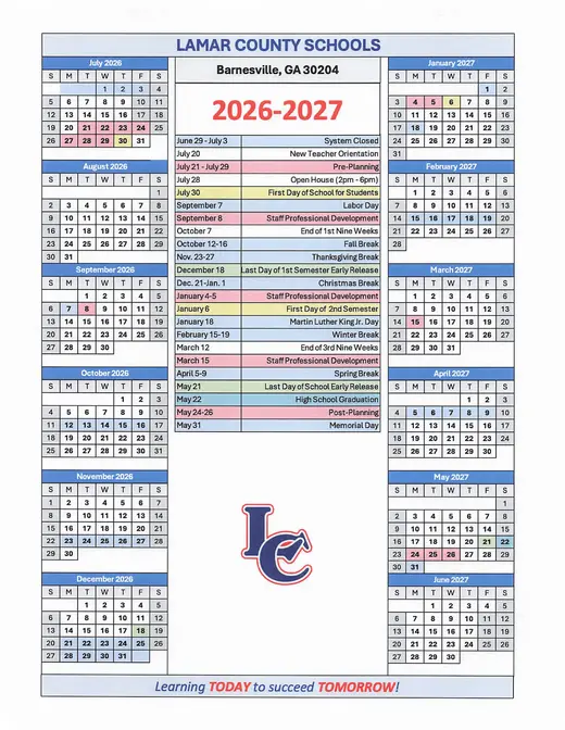 Lamar County Schools 2026–2027 Academic Calendar
