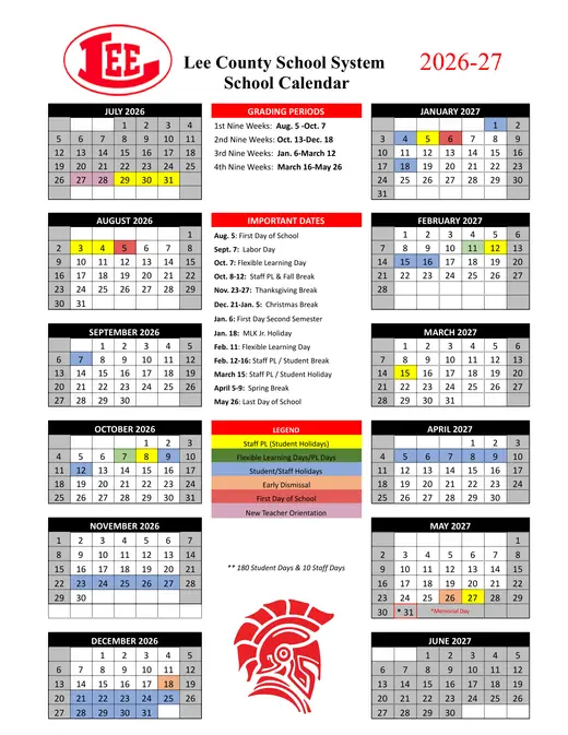 Lee County School System 2026–2027 Academic Calendar