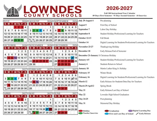 Lowndes County Schools 2026–2027 Academic Calendar