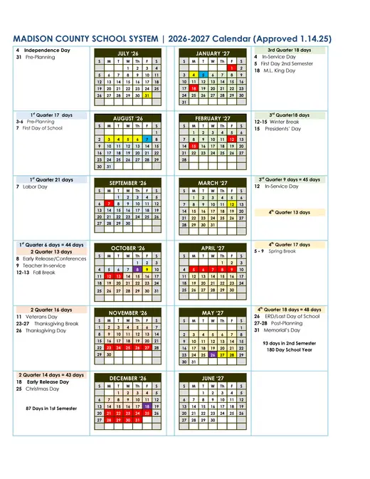 Madison County School System 2026–2027 Academic Calendar