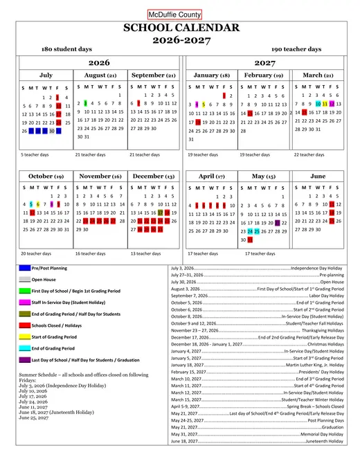McDuffie County School System 2026–2027 Academic Calendar