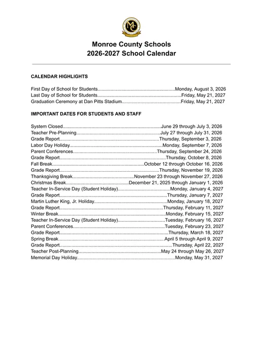 Monroe County Schools 2026–2027 Academic Calendar Page 1