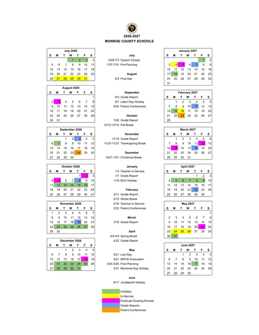 Monroe County Schools 2026–2027 Academic Calendar Page 2