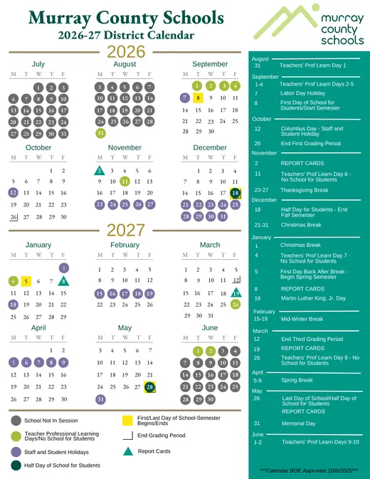 Murray County Schools 2026–2027 Academic Calendar Page 2