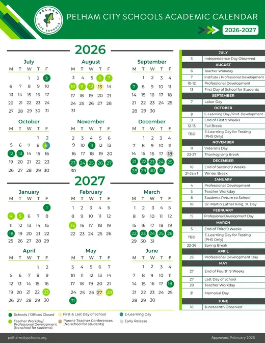 Pelham City Schools 2026–2027 Academic Calendar Page 2