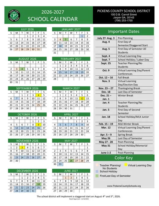 Pickens County School District 2026–2027 Academic Calendar Page 1