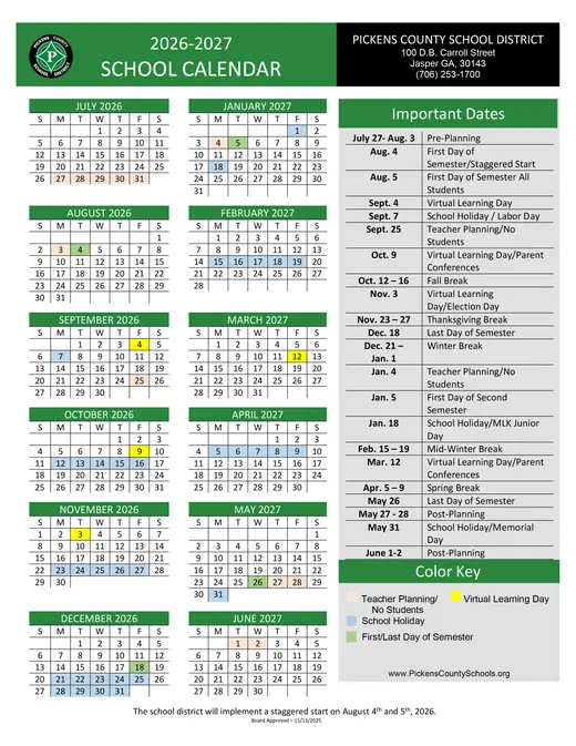 Pickens County School District 2026–2027 Academic Calendar Page 2