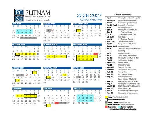 Putnam County Charter School System 2026–2027 Academic Calendar