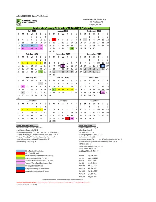 Rockdale County Public Schools 2026–2027 Academic Calendar