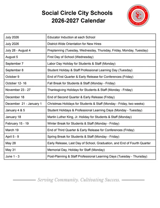 Social Circle City Schools 2026–2027 Academic Calendar