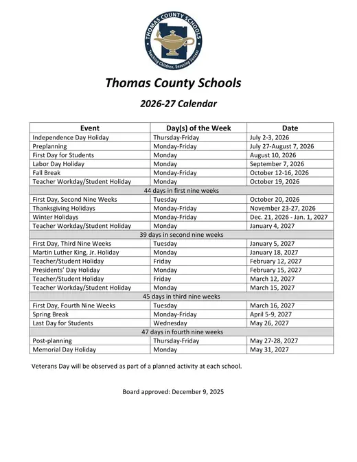 Thomas County Schools 2026–2027 Academic Calendar