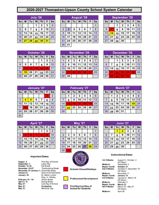 Thomaston-Upson County School System 2026–2027 Academic Calendar