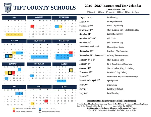 Tift County Schools 2026–2027 Academic Calendar