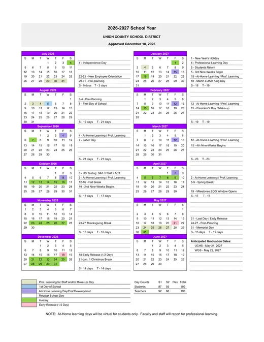 Union County School District 2026–2027 Academic Calendar