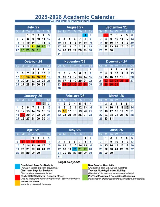 Walton County School District 2025–2026 Academic Calendar