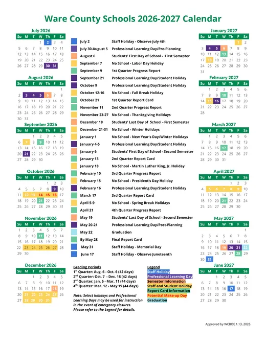 Ware County Schools 2026–2027 Academic Calendar