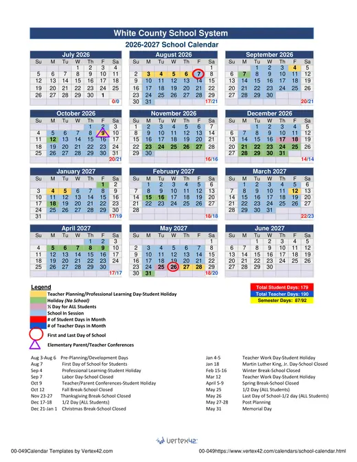White County School System 2026–2027 Academic Calendar Page 1