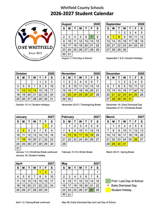 Whitfield County Schools 2026–2027 Academic Calendar Page 1