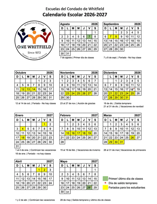 Whitfield County Schools 2026–2027 Academic Calendar Page 2