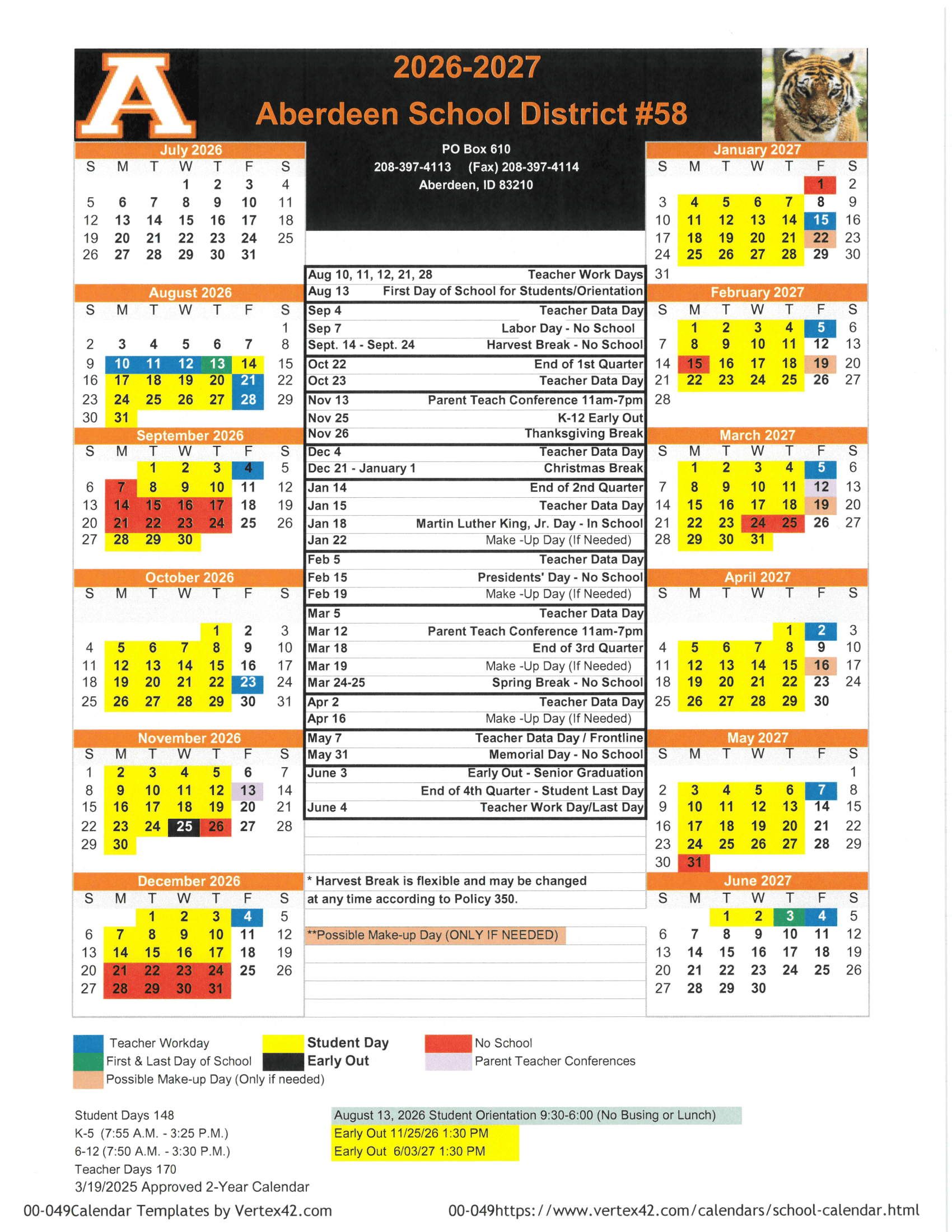 Aberdeen School District #58 2026-2027 Academic Calendar