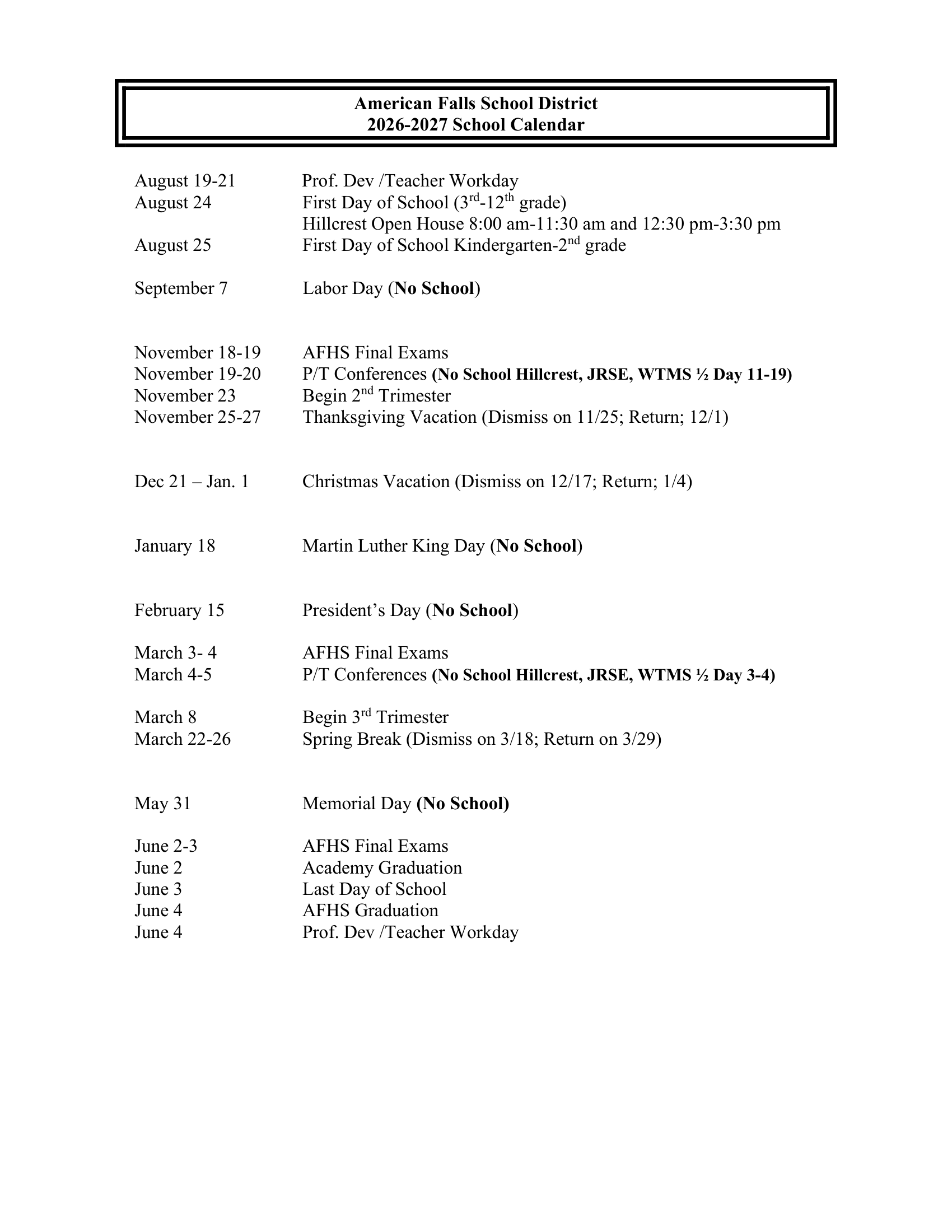 American Falls School District 2026-2027 Academic Calendar