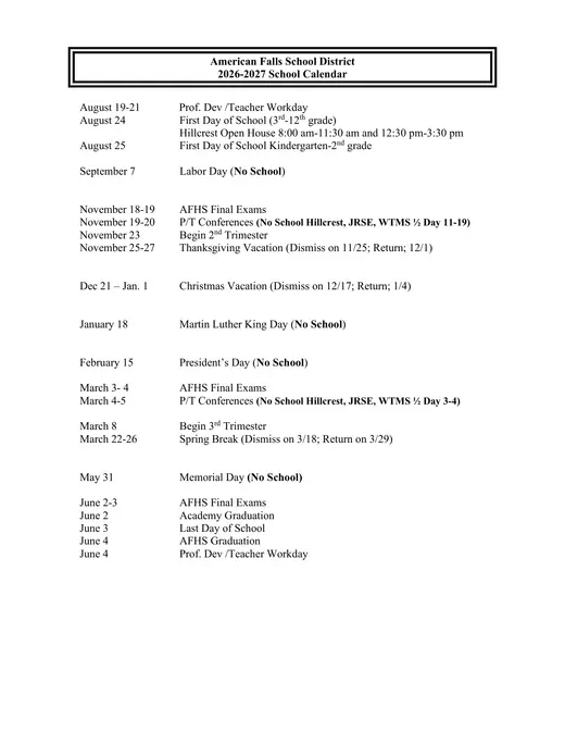 American Falls School District 2026–2027 Academic Calendar