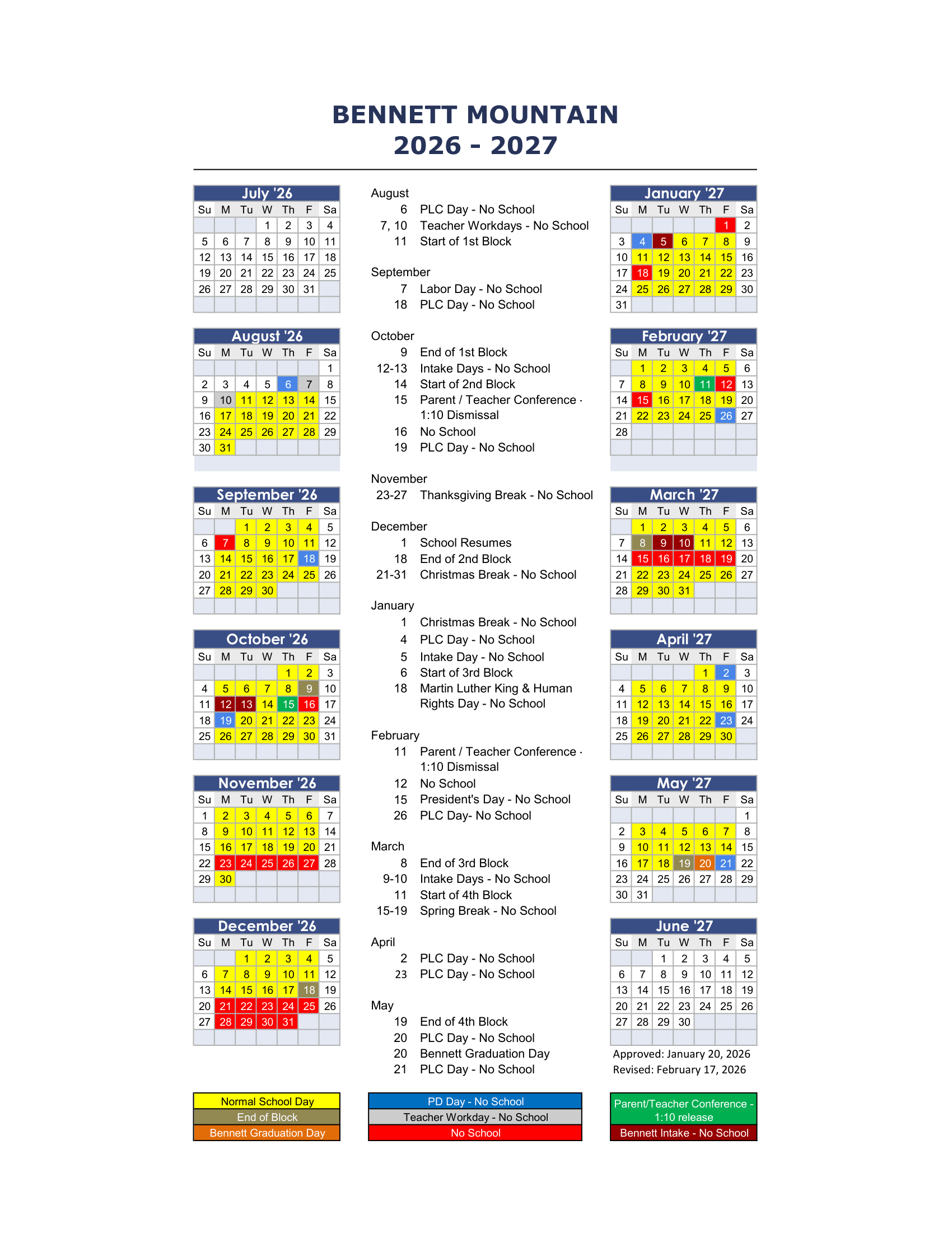 Bennett Mountain School 2026-2027 Academic Calendar