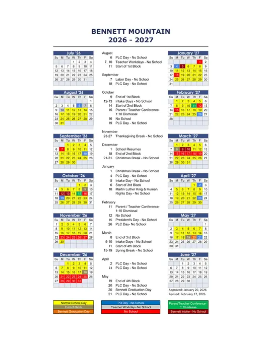 Bennett Mountain 2026–2027 Academic Calendar