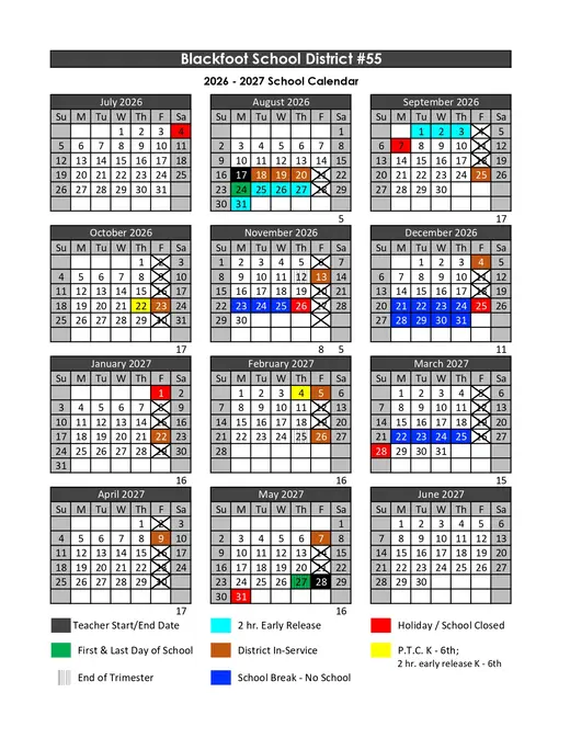 Blackfoot School District #55 2026–2027 Academic Calendar