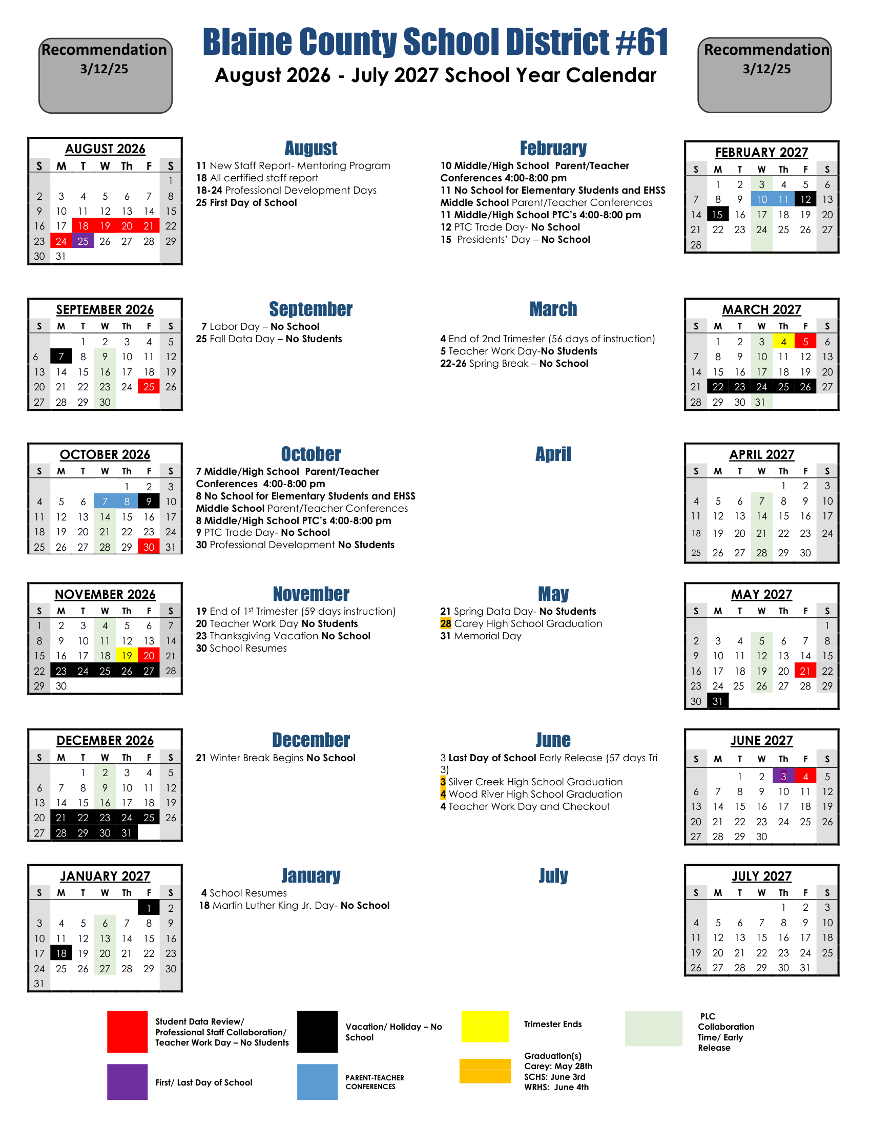 Blaine County School District #61 2026-2027 Academic Calendar