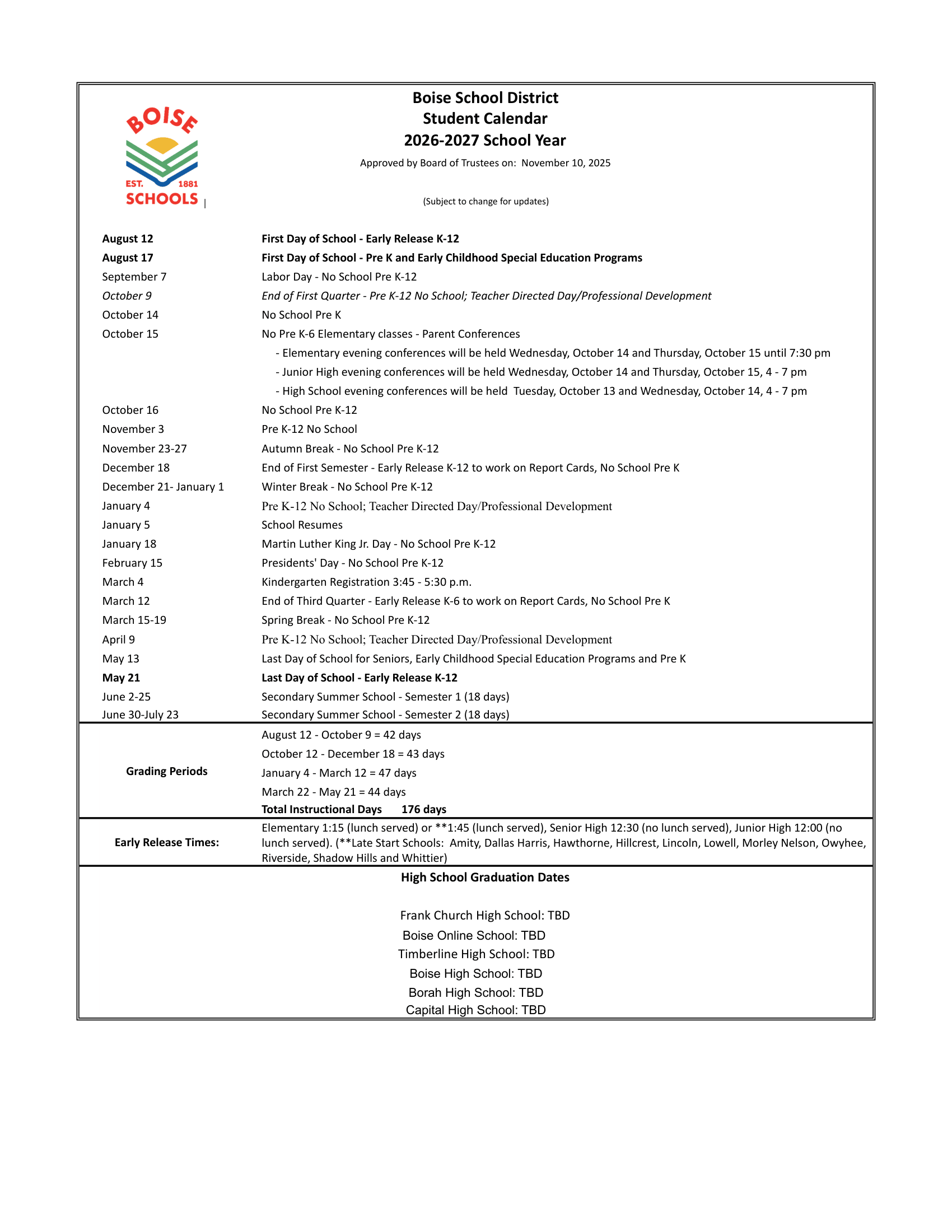Boise School District 2026-2027 Academic Calendar
