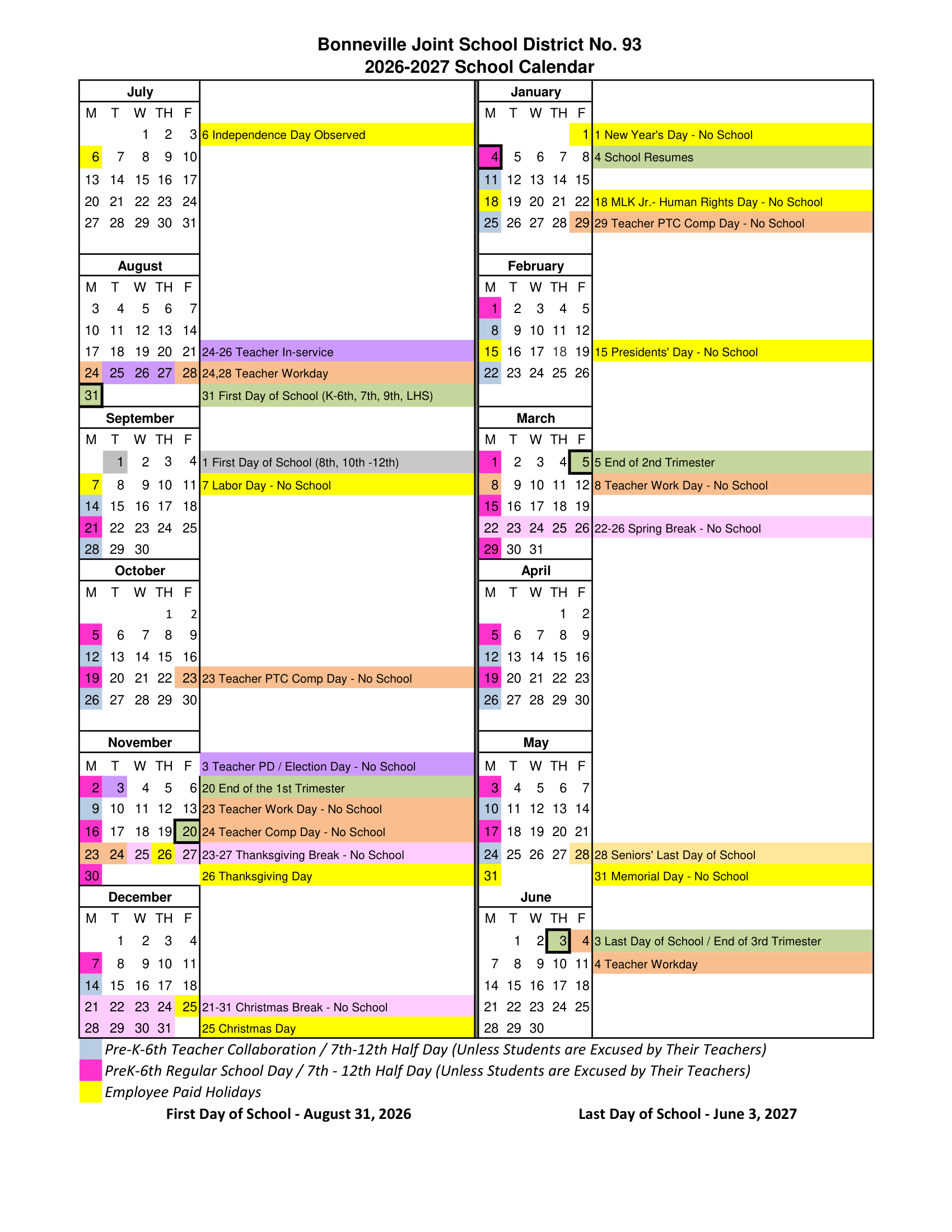 Bonneville Joint School District No. 93 2026-2027 Academic Calendar